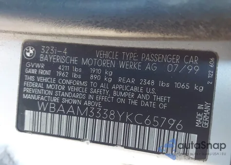 2000 BMW 323I from USA, damaged, VIN WBAAM3338YKC65796